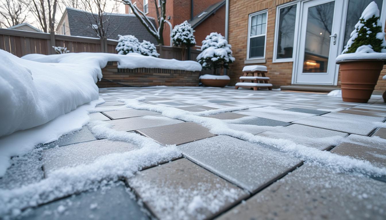 Chicago winter scene showing snow-covered patio with ice formations demonstrating freeze-thaw challenges