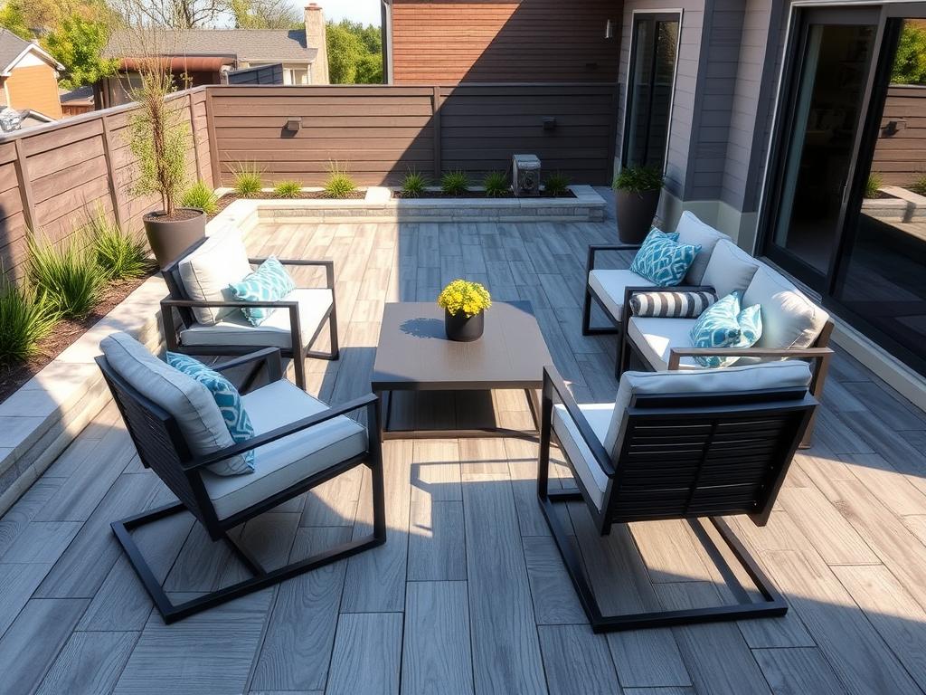 Contemporary Chicago patio with porcelain pavers showing wood-look texture and modern furniture Contemporary Chicago patio with porcelain pavers showing wood-look texture and modern furniture