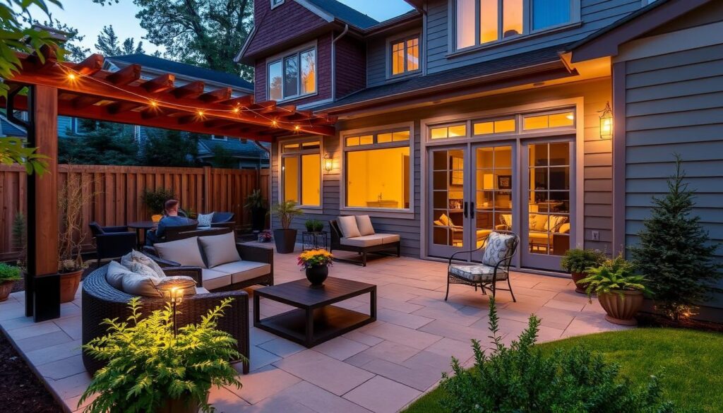 Finished Chicago backyard patio with furniture showing successful installation ready for all seasons Finished Chicago backyard patio with furniture showing successful installation ready for all seasons