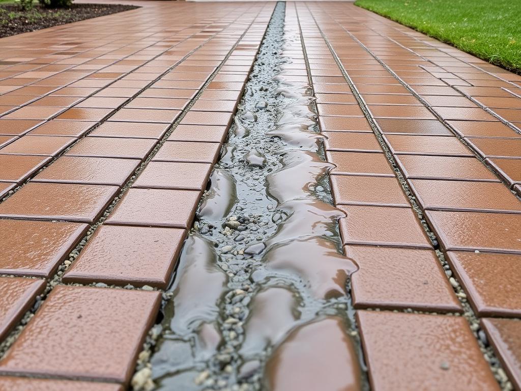 Permeable paver driveway in Chicago showing water drainage through joints during rain Permeable paver driveway in Chicago showing water drainage through joints during rain