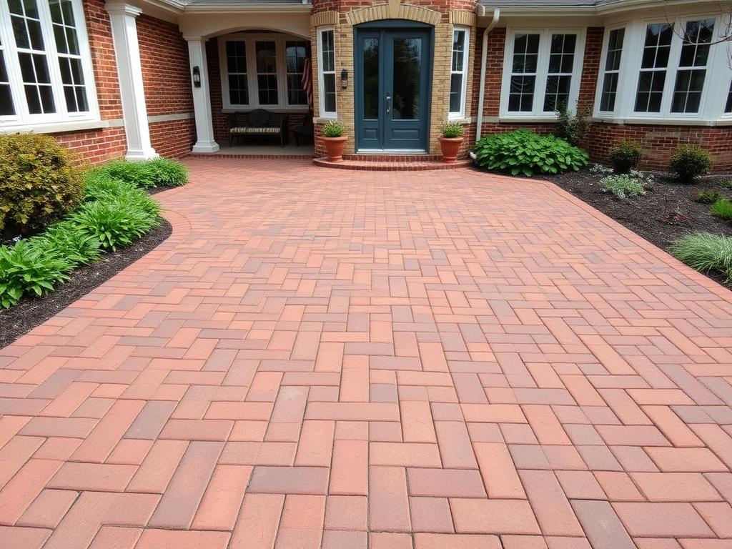 Traditional Chicago home with brick paver patio showing classic herringbone pattern Traditional Chicago home with brick paver patio showing classic herringbone pattern