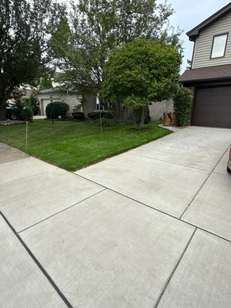 professionally maintained lawn and trimmed shrubs around residential driveway